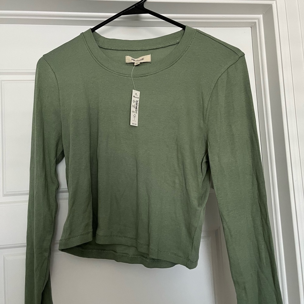 Madewell fine ribbed super crop crewneck long sleeve tee in “dusty patina”